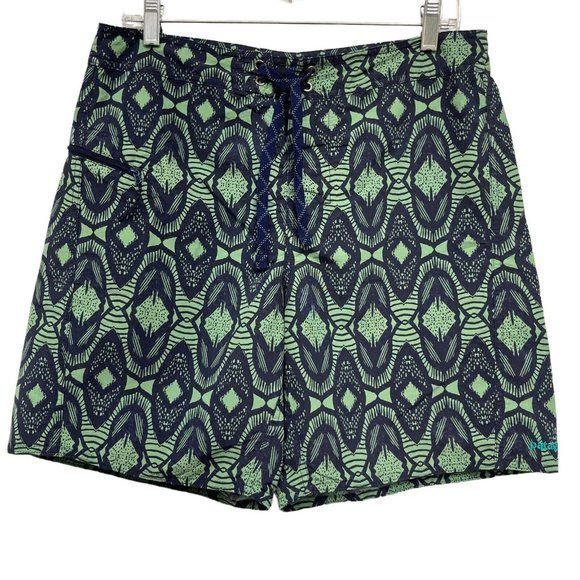 Patagonia Mens Board Shorts Nav/yGreen Aztec Surfboard Nylon Zip Pockets Size 32 - Picture 1 of 9